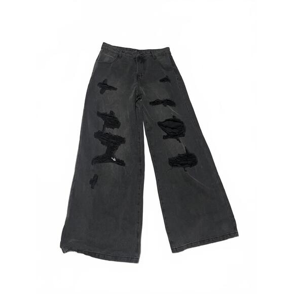 Widow Sinful Attitude Wide Leg Jeans Ripped Distressed Wide Leg Goth Pants - Picture 1 of 4